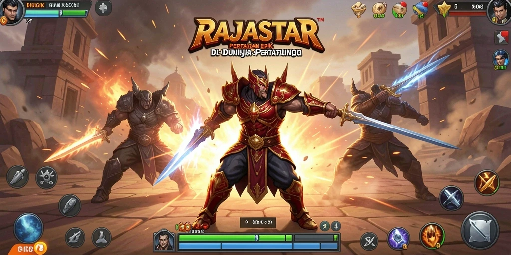 Tangkapan layar gameplay RAJASTAR yang menunjukkan pertarungan seru dan karakter unik.