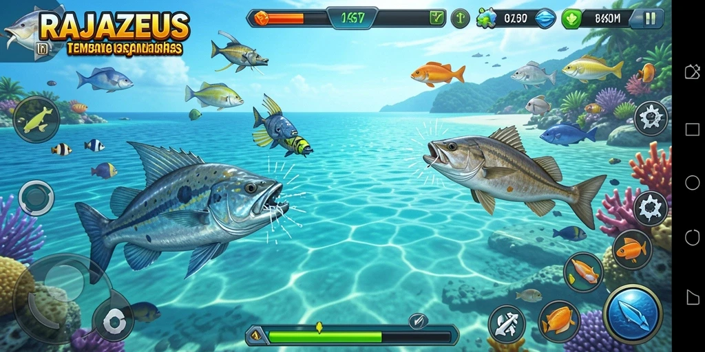Gameplay RAJAZEUS menampilkan aksi seru berburu ikan.